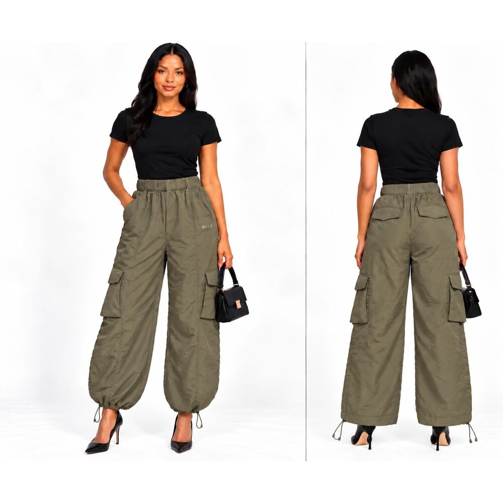 Wilo the Label Olive Green Wide Leg High Rise Cargo Parachute Utility Pant Small